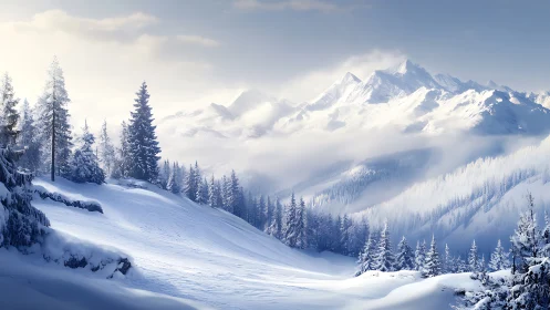 High dynamic range alpine panorama with snow laden conifers