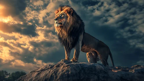 Photorealistic lion portrait on rocky outcrop under storm sky.