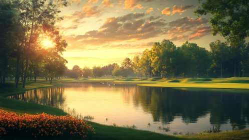Sunlit fairway lake glows under a honeyed evening sky.