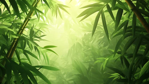 Backlighting through dense bamboo foliage with volumetric light diffusion.