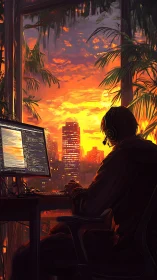 Remote coder overlooks neon cityscape at blazing sunset