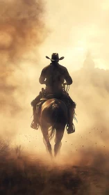Dusty sunset cowboy rides calmly into the golden haze