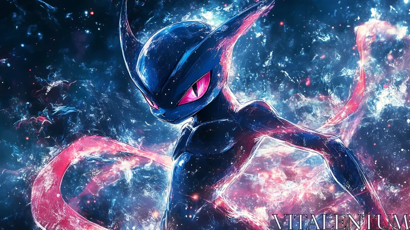 Celestial humanoid creature stands in luminous nebular field