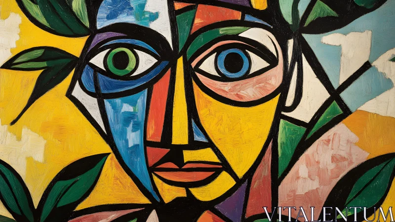 Abstract portrait of a face with colorful geometric shapes in cubist style.