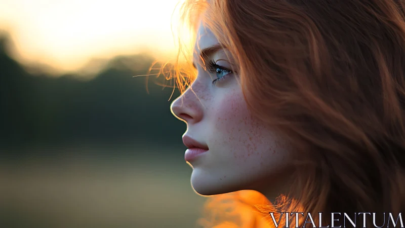 Profile portrait of red-haired woman at sunset light.