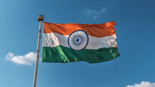 Indian tricolour flag in dynamic aerodynamic tension against sky.