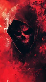 Spectral hooded skull emerging from turbulent crimson vortex.