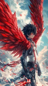 Winged cybernetic warrior in dynamic anime character portrait.