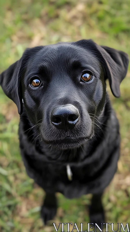 Black labrador retriever portrait in outdoor setting.
