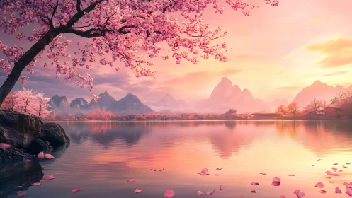 Serene pink lakeside landscape with cherry blossom tree.