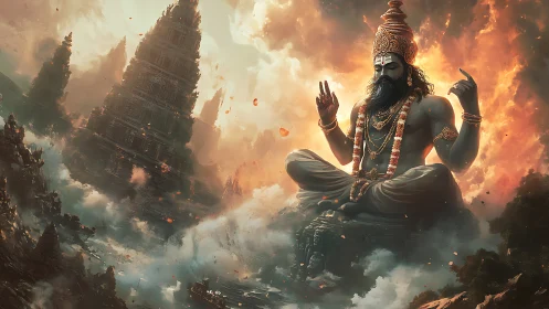 Cosmic deity meditates above burning temple ruins.