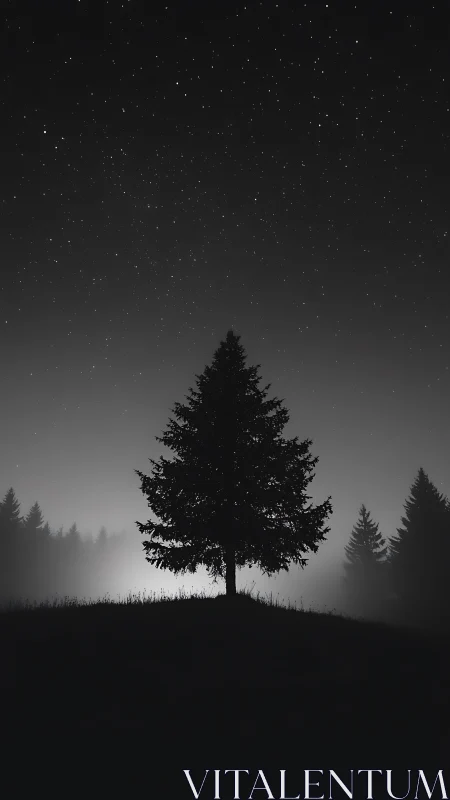 Solitary pine stands beneath a vast, star filled night sky