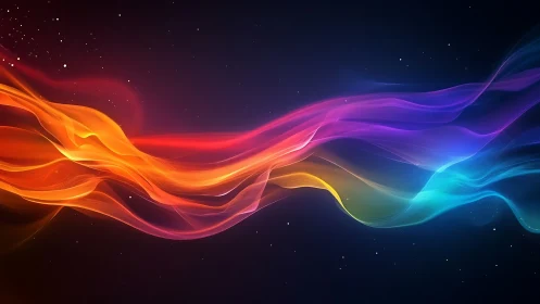 Flowing neon light waves drift through a cosmic night sky.