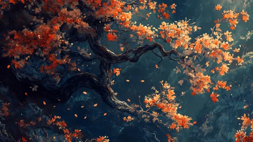 Twisting autumn tree stretches across a moody blue sky.