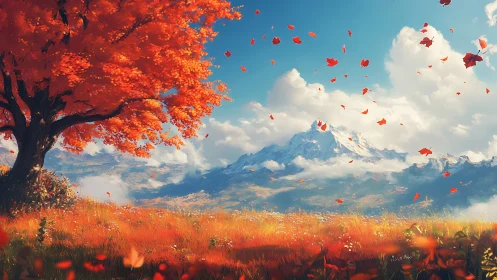 Golden autumn meadow beneath a bright, cloud kissed peak.