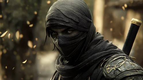 Hooded masked warrior in dark armor holding sword hilt.