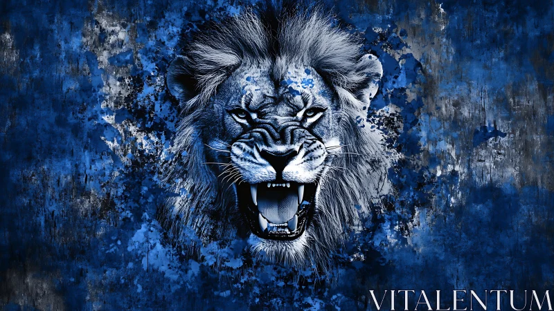 Roaring lion portrait on textured blue abstract background.