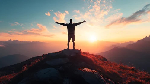 Silhouetted hiker on alpine summit at sunrise with warm backlight