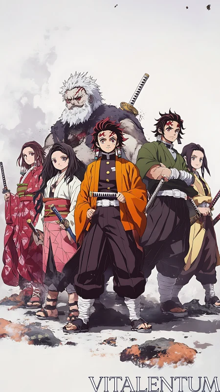 Anime swordsmen ensemble in stylized snowy battlefield stance.