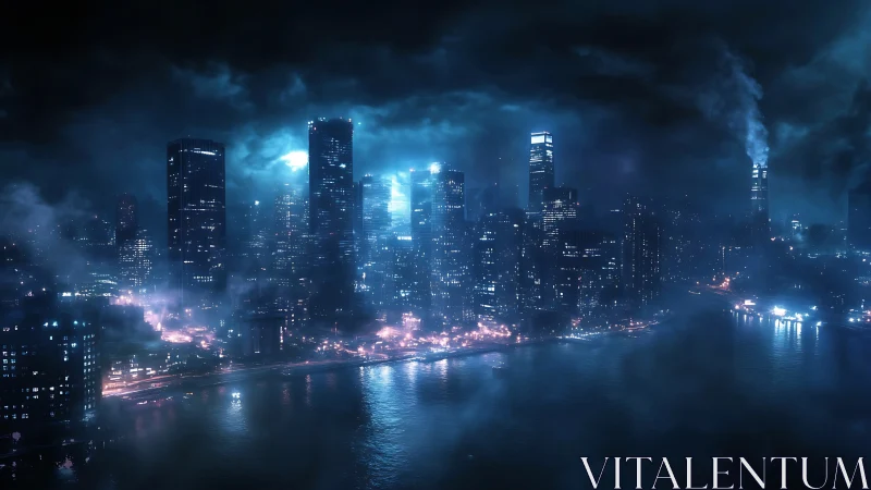 Nocturnal cyberpunk skyline with neon haze over waterfront