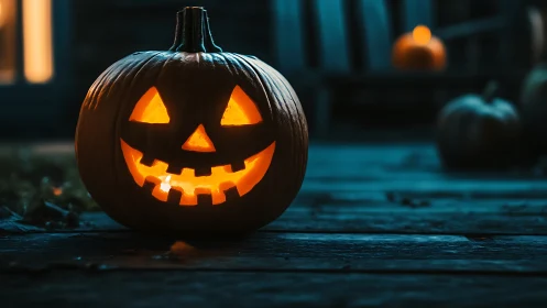 Glowing jack-o’-lantern smiles warmly on a spooky porch night