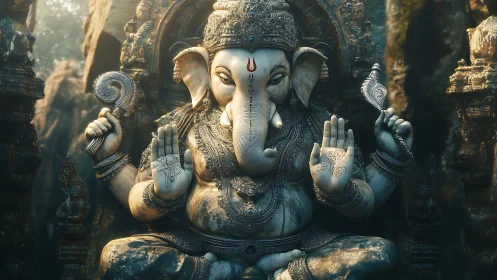 Digital render of ornate stone Ganesha shrine at dawn.