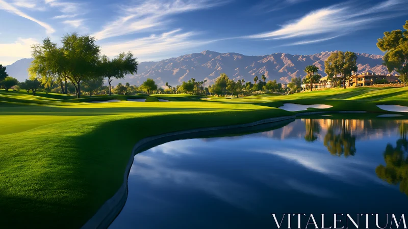 Sunlit desert golf course curves around reflective water