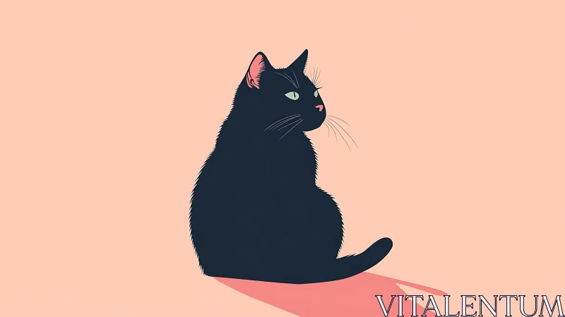 Black Cat Sitting with Pink Shadow on Peachy Background