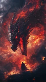 Infernal dragon looming over lone warrior in flamescape.