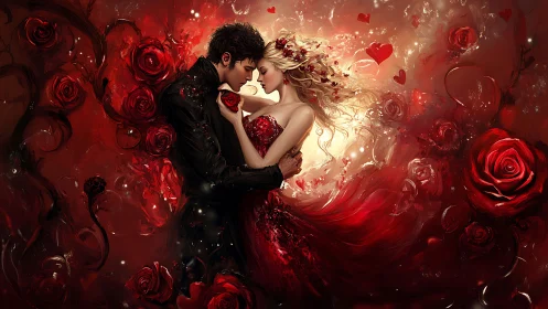 Couple with roses in red surrealist composition.