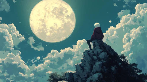 Figure on rocky peak under large moon and dense clouds.