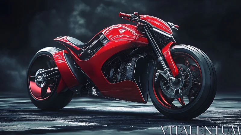 Red futuristic sport motorcycle on dark reflective surface.