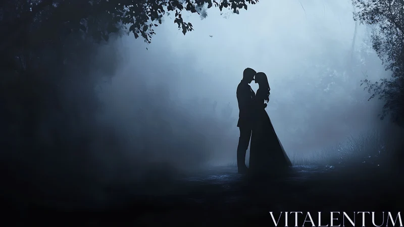 Silhouetted Couple Embraces in Misty Forest Path