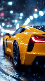 Yellow supercar cuts wet neon street under night rain.