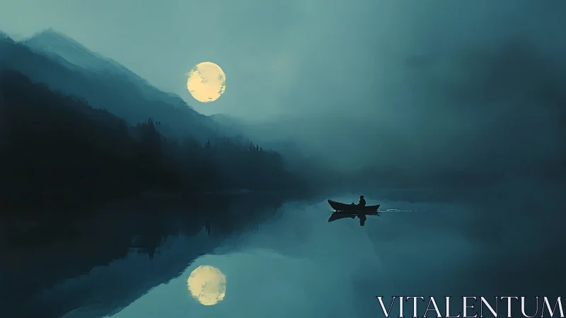Solitary rowboat under full moon on misty mountain lake.