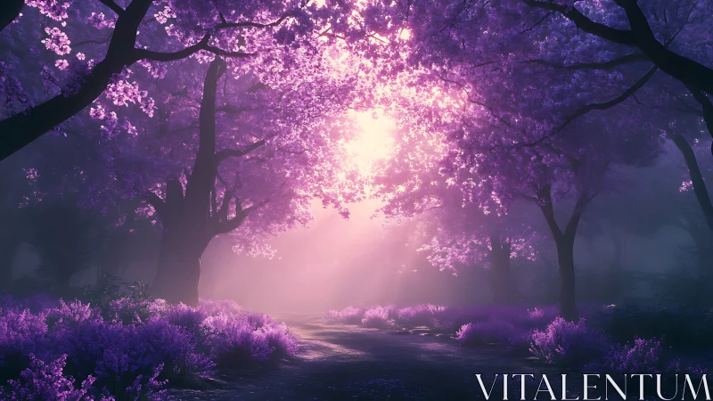 Purple Forest Path with Luminescent Flora Canopy