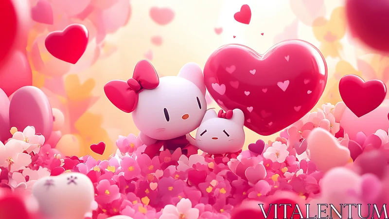 Whimsical 3D Characters in Heart-Saturated Floral Environment.