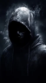 Hooded faceless figure in dark smoky atmospheric lighting.