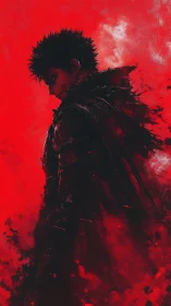 Solitary dark figure in profile against saturated red field.