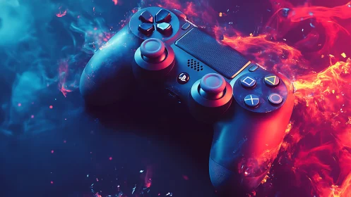 Game controller in vivid neon flames and smoke background.