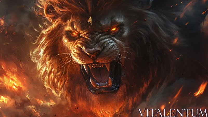 Infernal lion portrait merges feral anatomy with dynamic flames