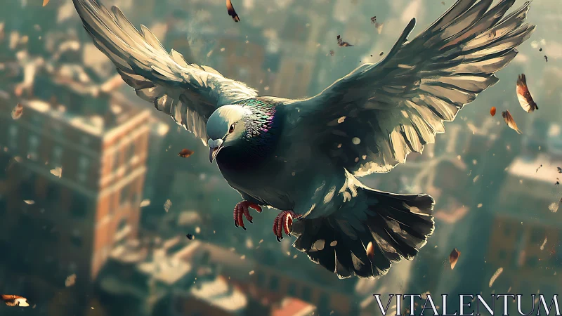 Urban pigeon glides through sunlit city turbulence.