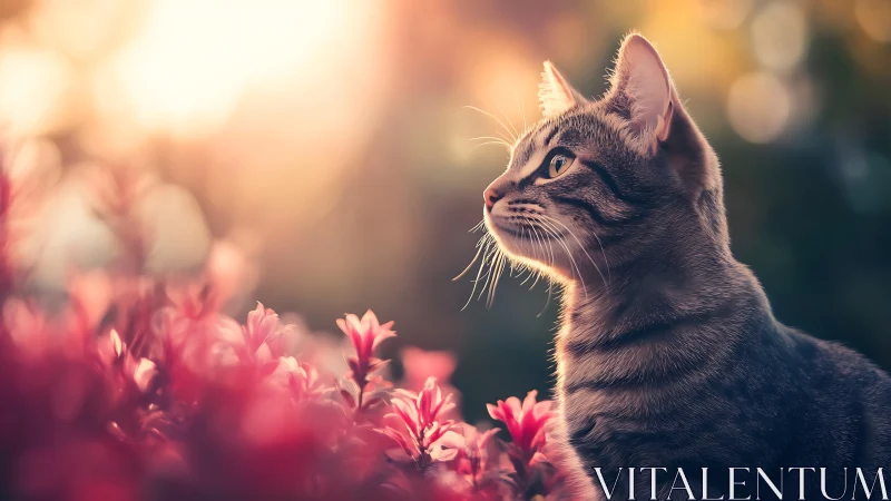 Tabby cat gazing upward amid luminous pink floral garden setting