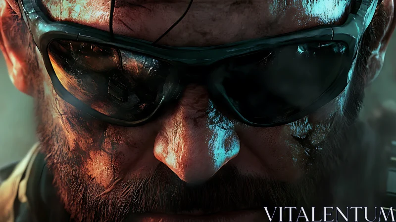 Battle-scarred soldier in mirrored shades, storm-lit resolve.