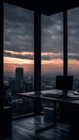 High-altitude office workspace with panoramic metropolitan skyline at dusk and dramatic cloud format