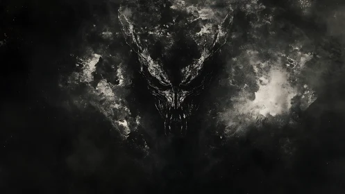 Monochrome demonic visage in abstract smoke field composition.
