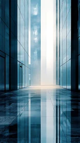 Glass corridor between futuristic blue office towers.