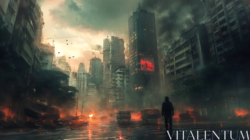 Post-event urban street with fires and solitary figure present.