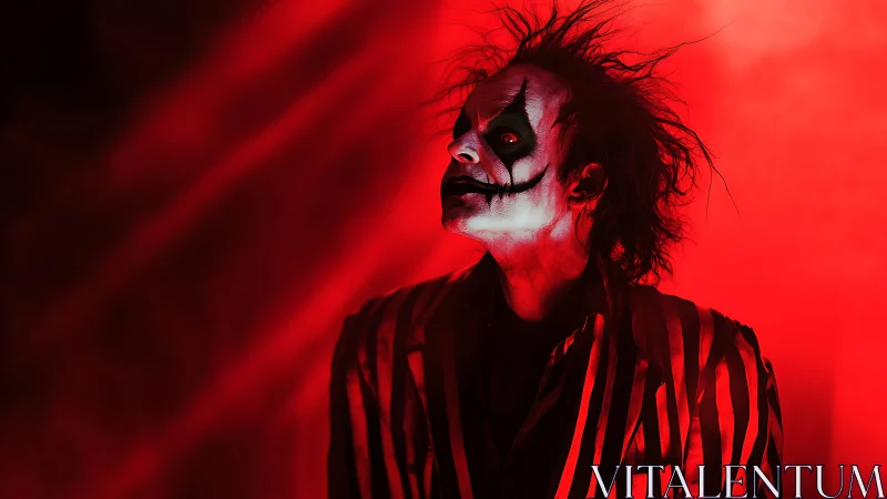 Sinister clown in striped jacket under intense red lighting