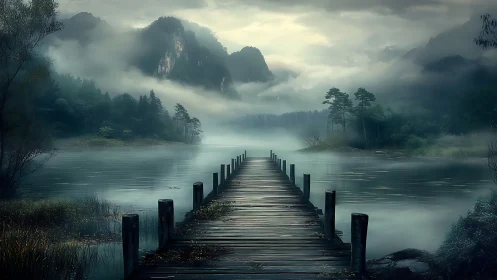 Wooden pier extending into misty forest lake landscape.